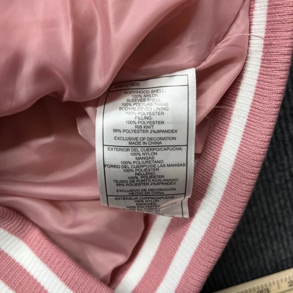 DKNY Girls Pink Puffer Jacket Faux Leather Sleeves Size 10/12 Y2K Streetwear